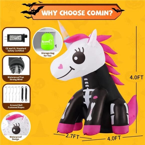4 FT Halloween Inflatables Skeleton Unicorn Outdoor Decorations Blow Up Yard